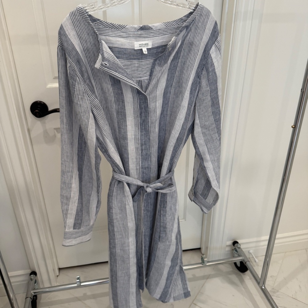 Talbots Haven Well Within Ombré Stripe Blue White Linen Shirt Dress - Picture 2 of 8